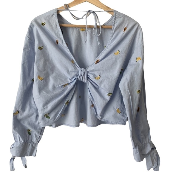 Zara Chambray Light Blue Open Back Embroidered Fruit Shirt Women’s Size Small - Picture 3 of 10